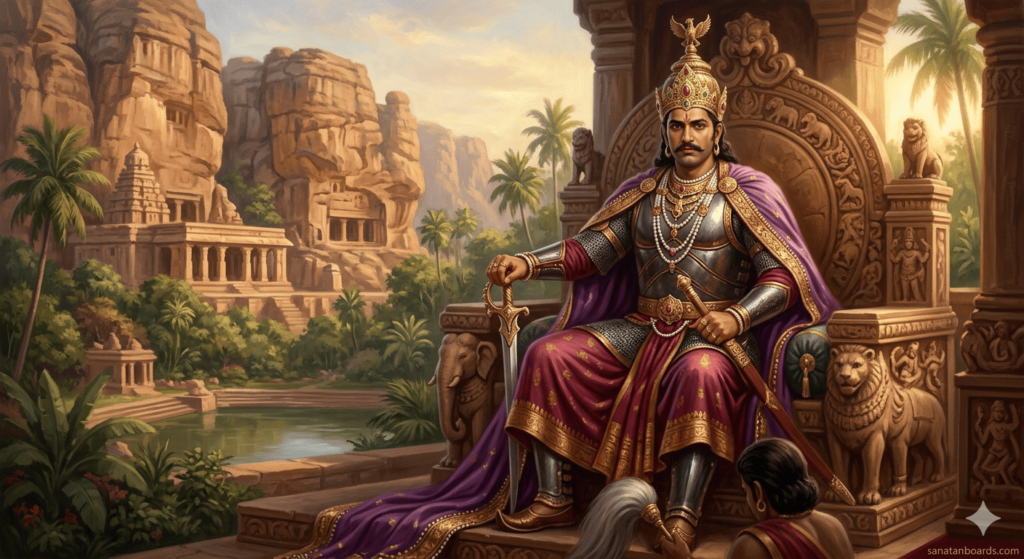 “Digital painting of Vikramaditya I of the Chalukya dynasty seated on a throne with royal armor and crown, Badami temples in the background, with watermark ‘sanatanboards.com’.”