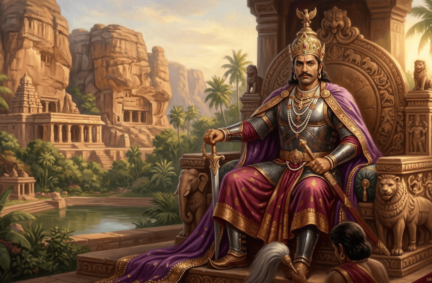“Digital painting of Vikramaditya I of the Chalukya dynasty seated on a throne with royal armor and crown, Badami temples in the background, with watermark ‘sanatanboards.com’.”