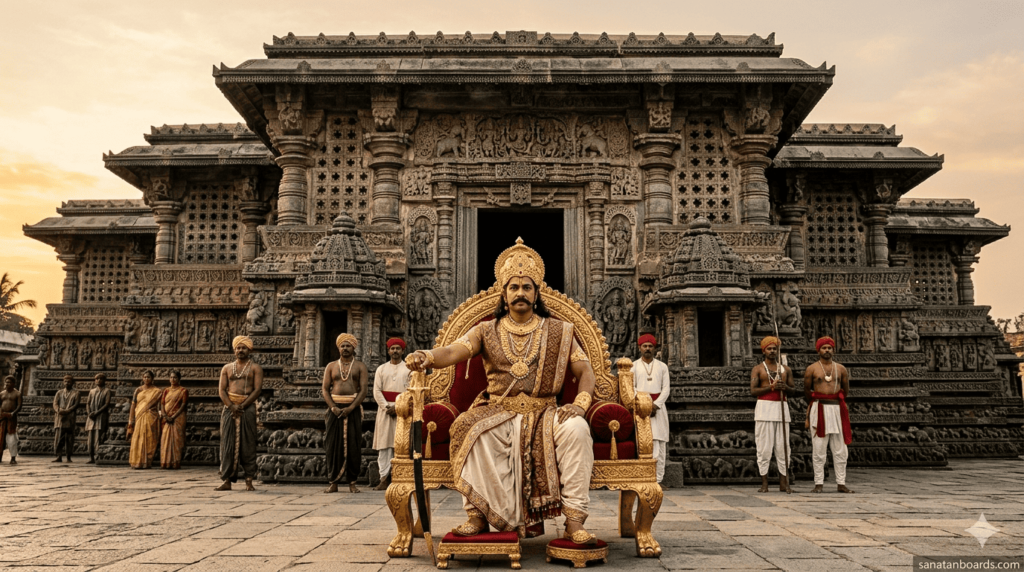 “King Vishnuvardhana of Hoysala dynasty seated on a golden throne at Chennakesava Temple, Belur, with Hoysala-style carvings, watermark sanatanboards.com.”