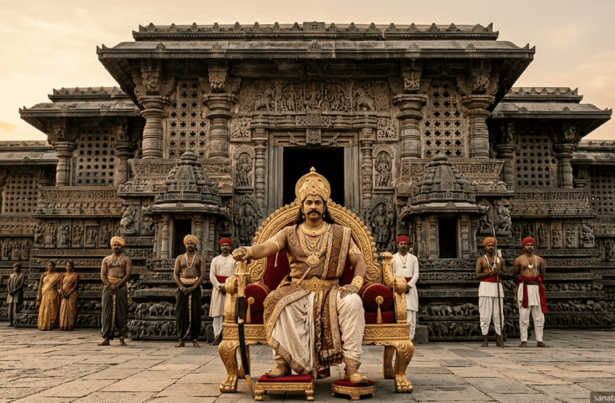 “King Vishnuvardhana of Hoysala dynasty seated on a golden throne at Chennakesava Temple, Belur, with Hoysala-style carvings, watermark sanatanboards.com.”