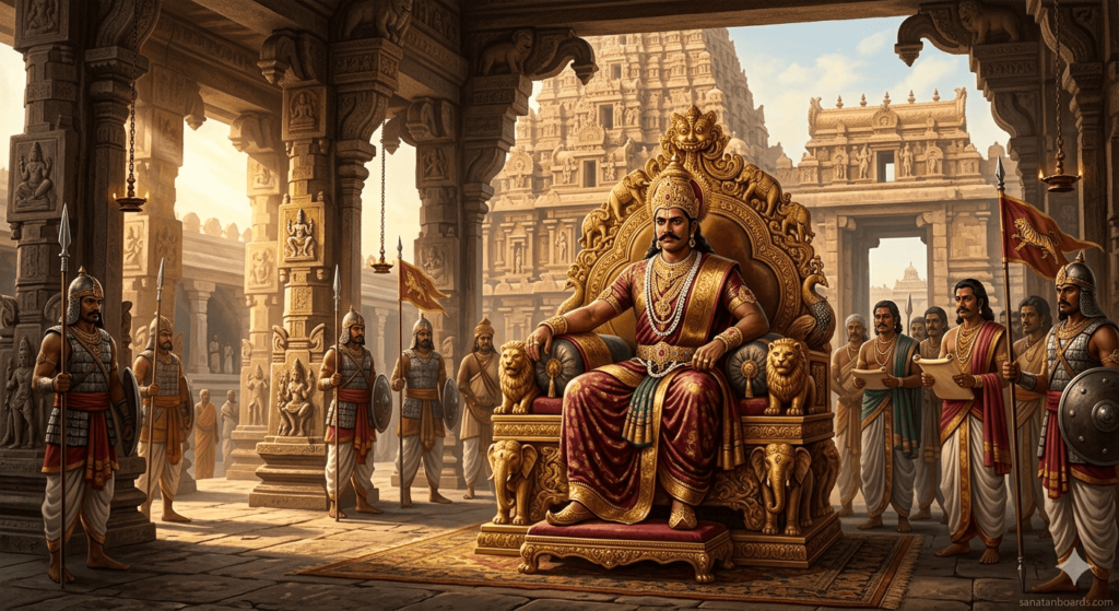 “Rajendra Chola II seated on a golden throne with temple backdrop and watermark sanatanboards.com”