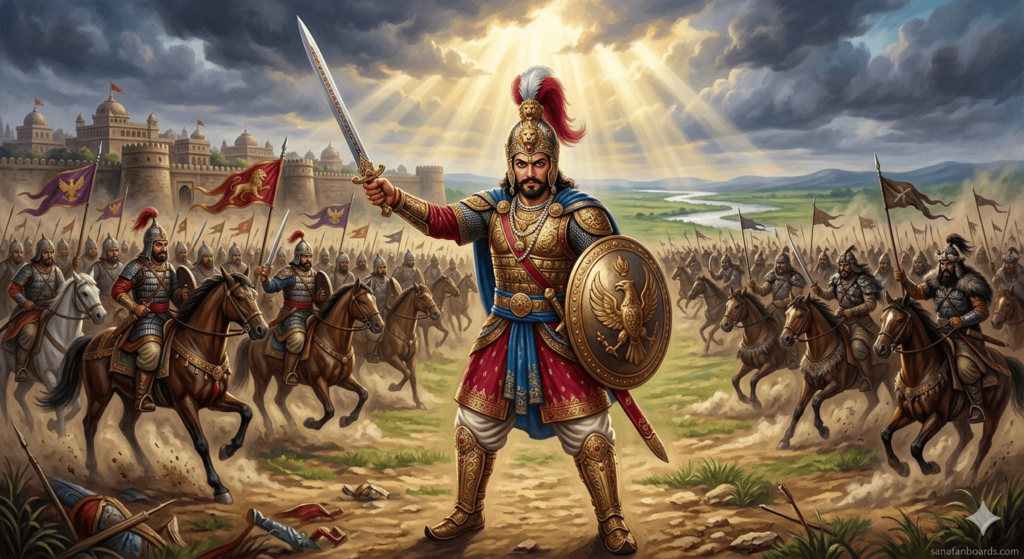 "Skandagupta leading his army against Huna invaders, showing courage and leadership, with sanatanboards.com watermark."