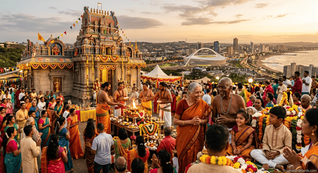 “Hindu community gathered at a South African temple during a festival, with priests performing rituals and a watermark ‘sanatanboards.com’.”