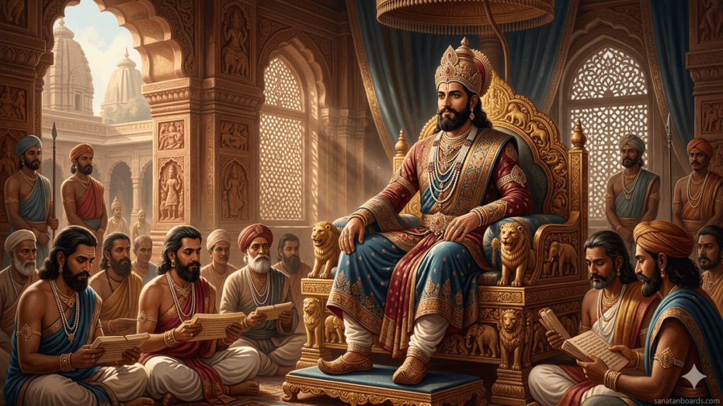 "Emperor Mahipala I of the Pala Empire on a throne with ministers and scholars, 11th-century Bengal court scene."