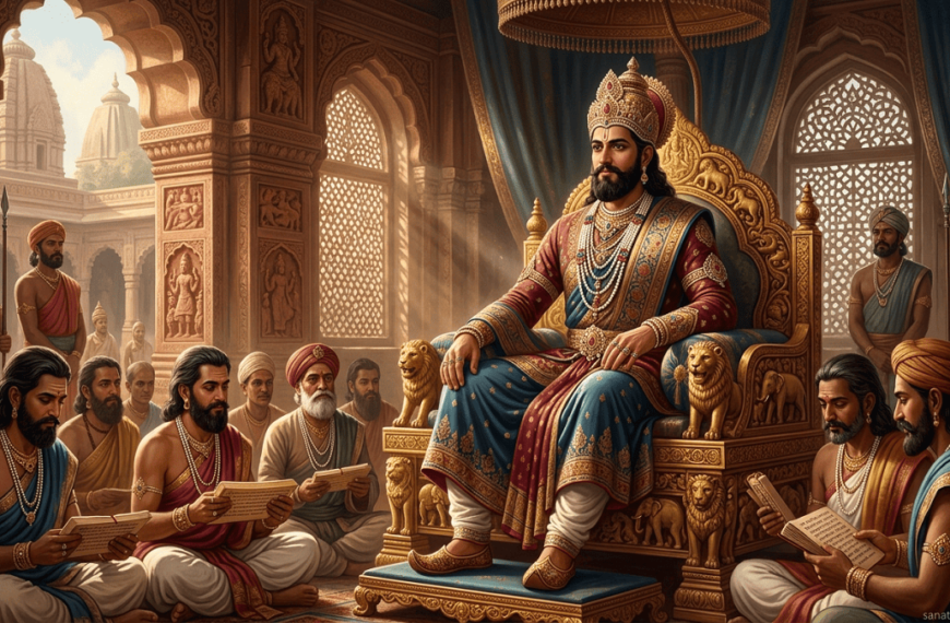 "Emperor Mahipala I of the Pala Empire on a throne with ministers and scholars, 11th-century Bengal court scene."