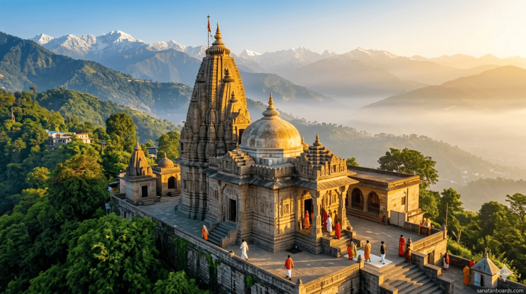 Kangra Devi Temple in Himachal Pradesh surrounded by green hills during sunrise
