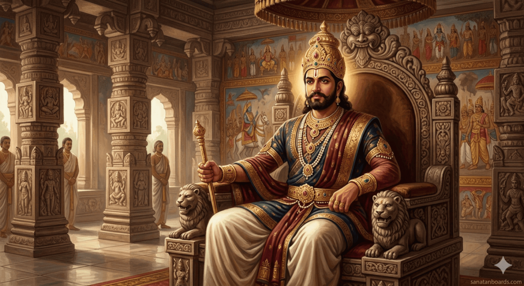 Digital painting of NARASIMHAVARMAN II (PALLAVA) on a throne in a Pallava palace, wearing royal attire and crown, with watermark sanatanboards.com.