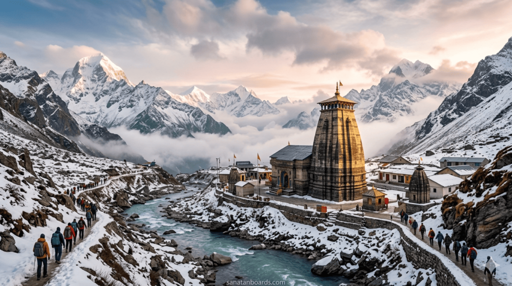 Snow-covered Kedarnath Temple in Himalayas with pilgrims and river in golden morning light