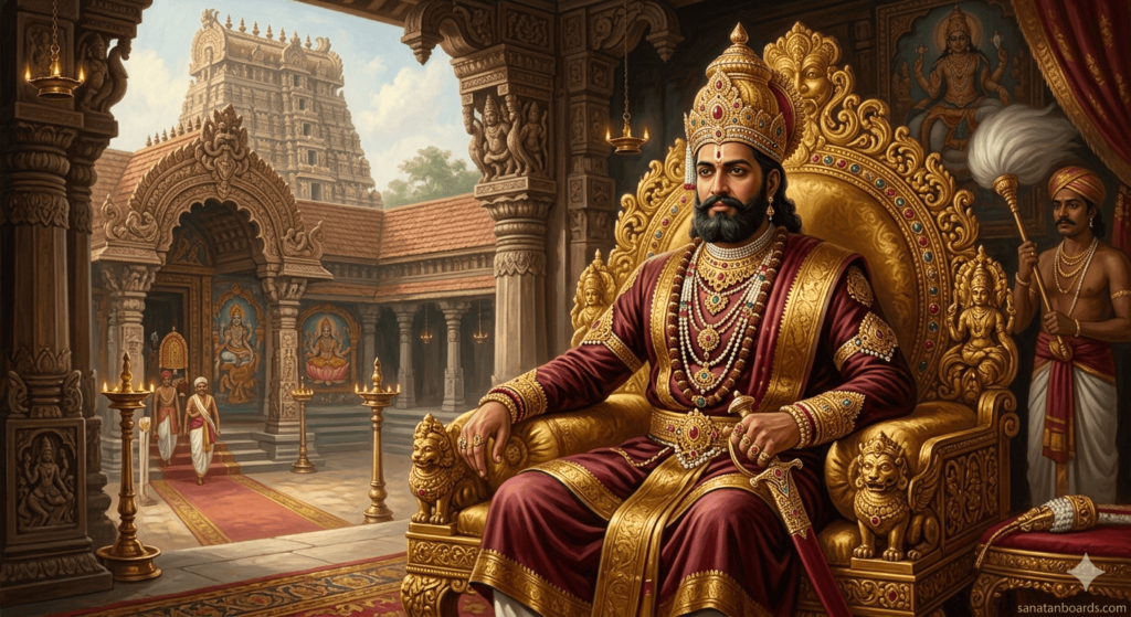“Portrait of Martanda Varma, Maharaja of Travancore, in royal attire on a throne with temple architecture, watermark sanatanboards.com.”