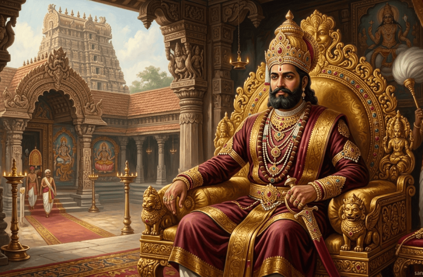 “Portrait of Martanda Varma, Maharaja of Travancore, in royal attire on a throne with temple architecture, watermark sanatanboards.com.”