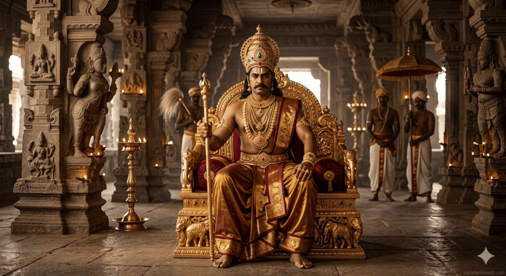 Srivallabha Pandyan seated on a royal throne in an ancient South Indian temple with traditional attire and golden ornaments.