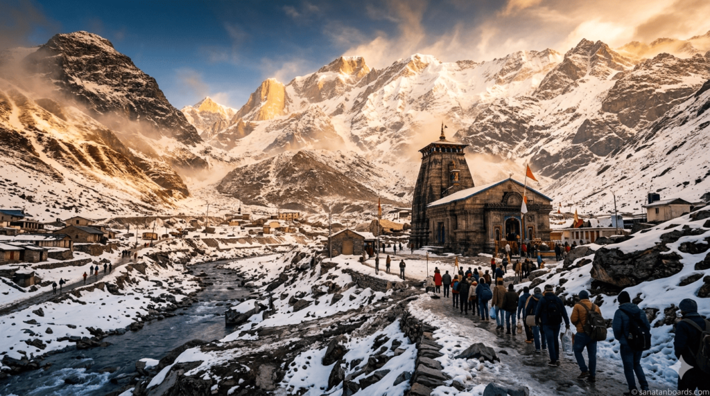 Snow-covered Kedarnath Temple in Himalayas during sunrise with pilgrims and divine atmosphere.