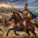 "Skandagupta on horseback leading his army, defending the Gupta Empire against Huna invaders, with sanatanboards.com watermark."