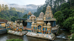 Seetha Amman Temple in Nuwara Eliya surrounded by greenery and mountains