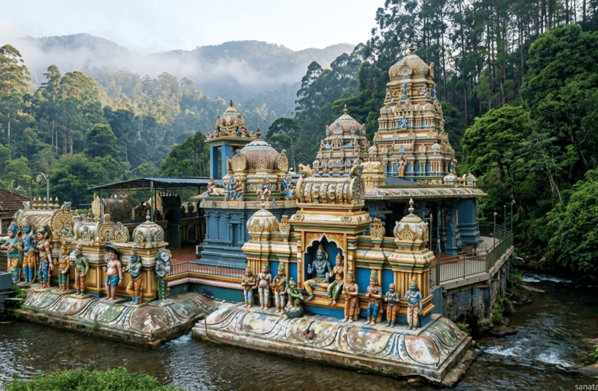 Seetha Amman Temple in Nuwara Eliya surrounded by greenery and mountains