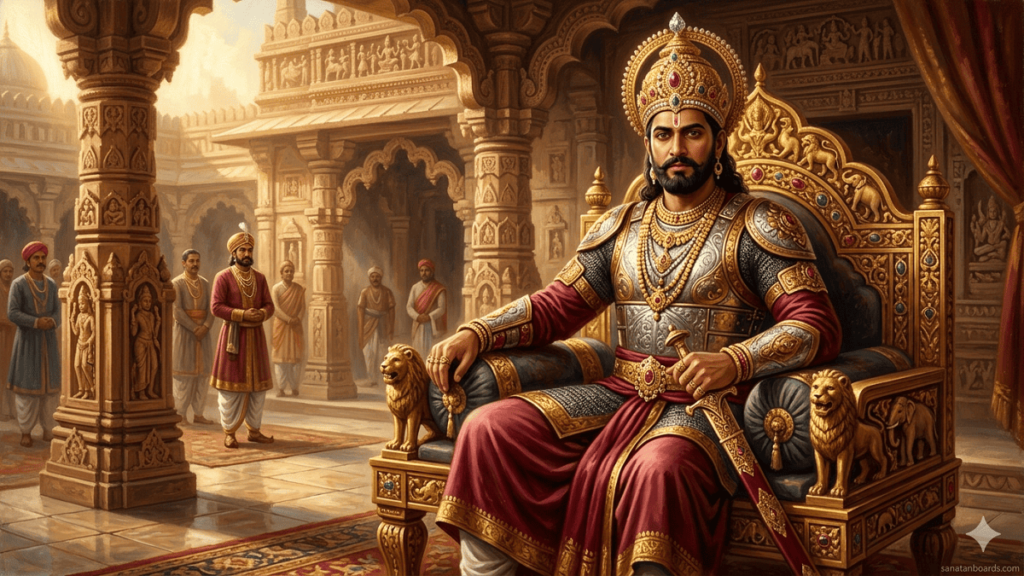 "Portrait of JAYASIMHA SIDDHARAJA (SOLANKI) in royal armor, seated on a throne with temple architecture in the background, watermark 'sanatanboards.com'."