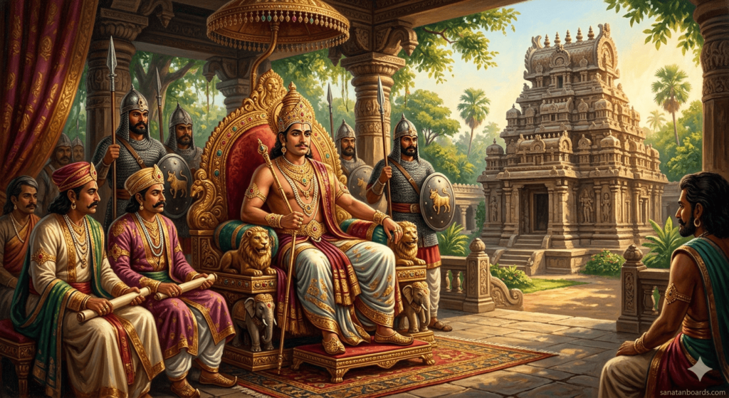 "Nandivarman II (Pallava) seated on a throne in 8th-century Kanchipuram with Vaikuntha-Perumal Temple in the background, watermark sanatanboards.com."