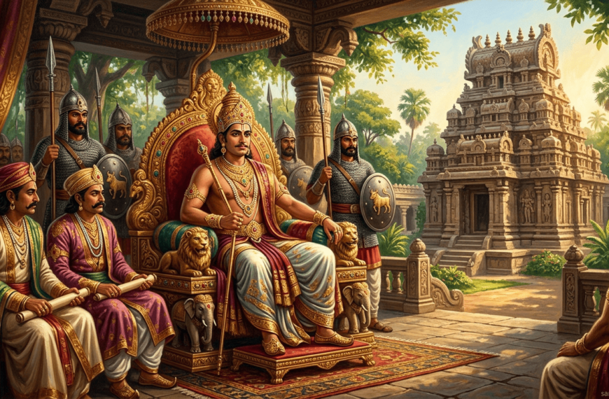 "Nandivarman II (Pallava) seated on a throne in 8th-century Kanchipuram with Vaikuntha-Perumal Temple in the background, watermark sanatanboards.com."