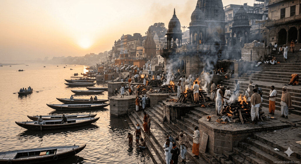 Manikarnika Ghat in Varanasi with cremation rituals and rising smoke at sunrise