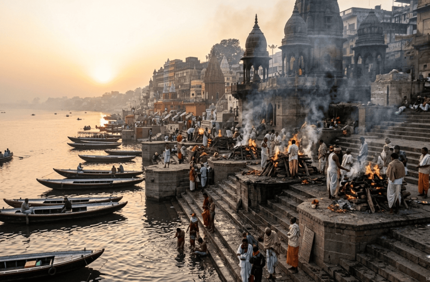 Manikarnika Ghat in Varanasi with cremation rituals and rising smoke at sunrise
