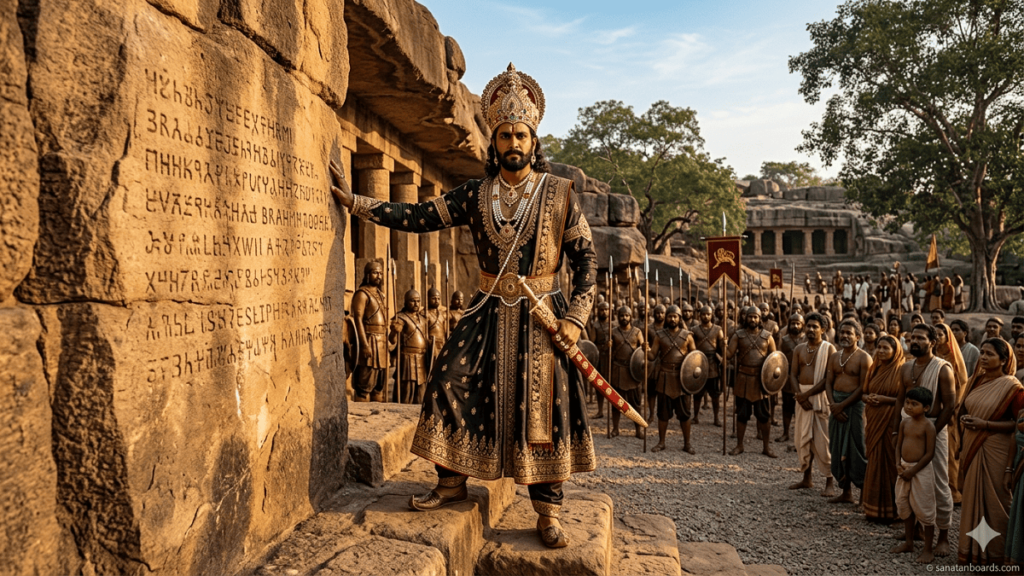 “KHARAVELA (KALINGA) standing in front of Hathigumpha caves, wearing royal attire and crown, with soldiers and inscriptions in background, watermark ‘sanatanboards.com’.”