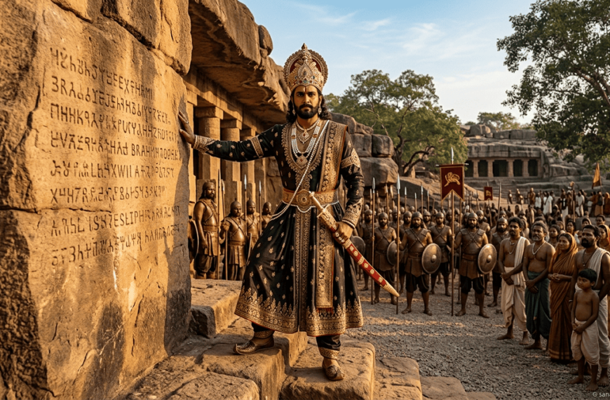 “KHARAVELA (KALINGA) standing in front of Hathigumpha caves, wearing royal attire and crown, with soldiers and inscriptions in background, watermark ‘sanatanboards.com’.”