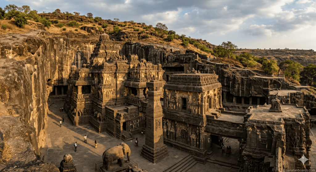 Wide landscape view of Kailasa Temple at Ellora Caves with intricate rock-cut carvings and ancient architecture under golden sunlight, showing historical Indian heritage.