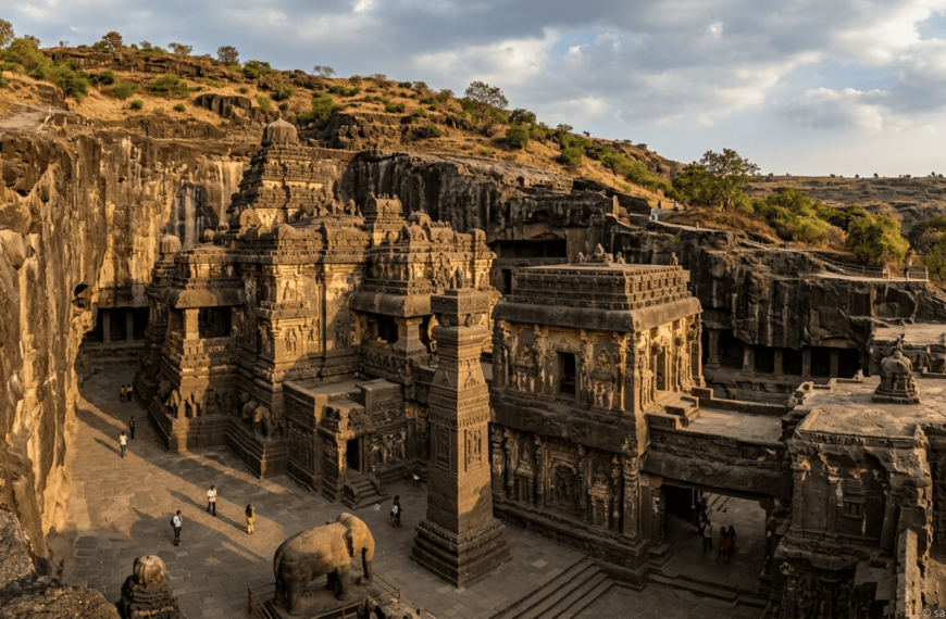 Wide landscape view of Kailasa Temple at Ellora Caves with intricate rock-cut carvings and ancient architecture under golden sunlight, showing historical Indian heritage.