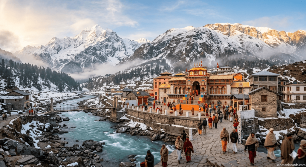 Badrinath Vishnu Temple in the Himalayas with pilgrims, snow mountains, and river in a peaceful spiritual setting.