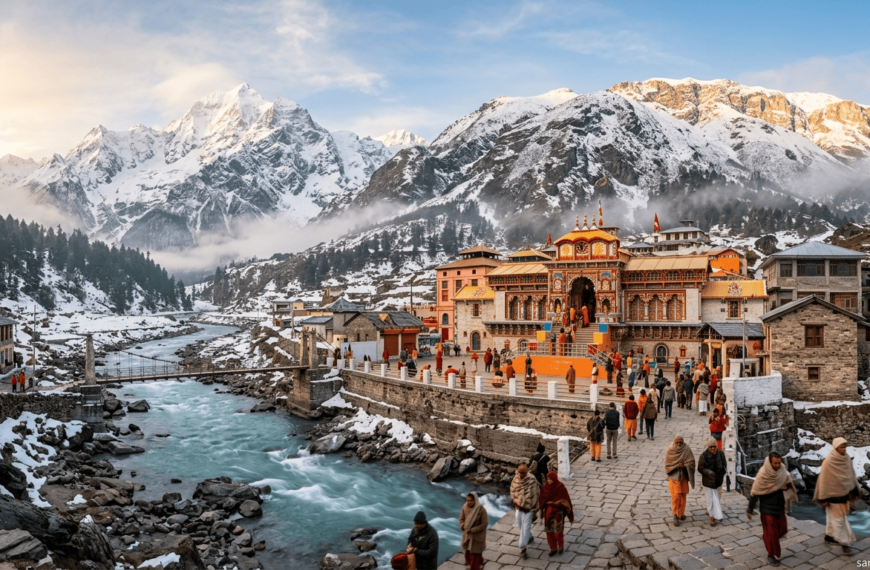 Badrinath Vishnu Temple in the Himalayas with pilgrims, snow mountains, and river in a peaceful spiritual setting.