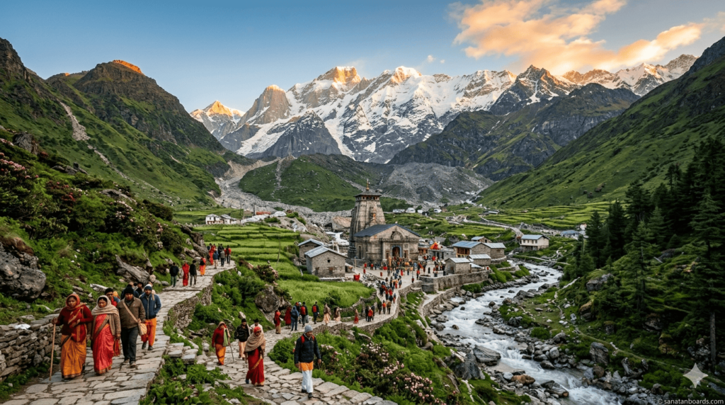 Kedarnath temple in the Himalayas with pilgrims and scenic mountain landscape