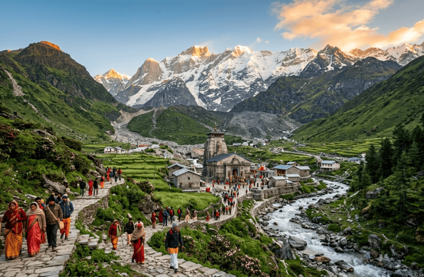 Kedarnath temple in the Himalayas with pilgrims and scenic mountain landscape