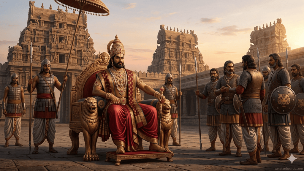 “Portrait of ADITYAN CHOLA on a throne with generals and Chola temples in the background, watermark ‘sanatanboards.com’.”