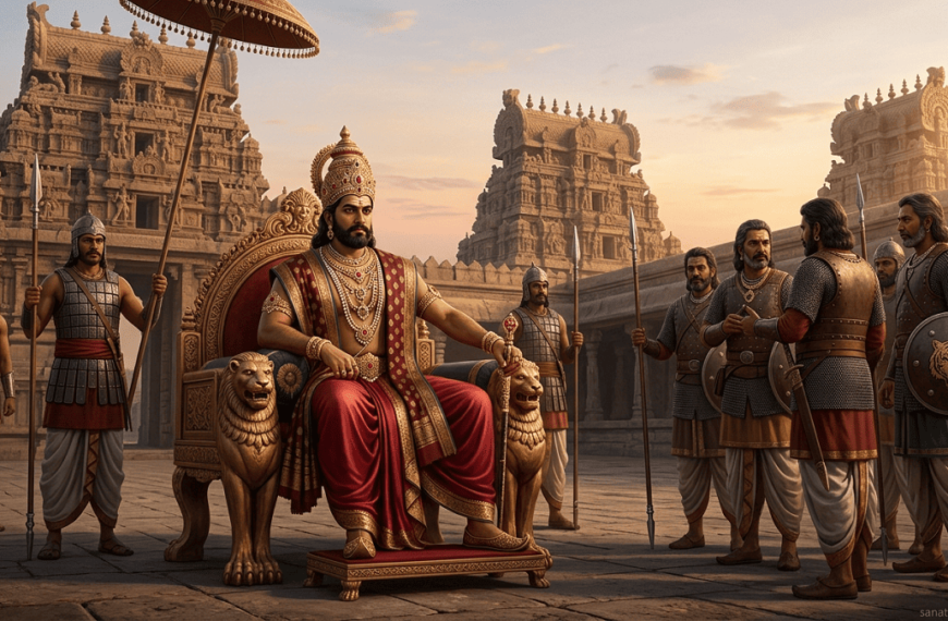 “Portrait of ADITYAN CHOLA on a throne with generals and Chola temples in the background, watermark ‘sanatanboards.com’.”