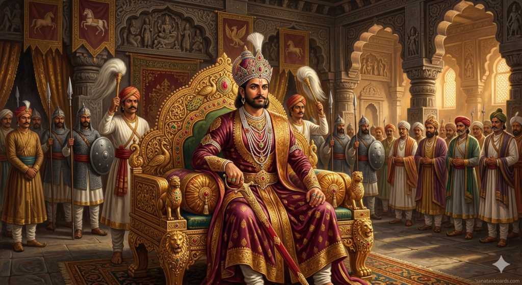 “Ramachandra Yadava seated on a golden throne in Devagiri palace with courtiers and soldiers, watermark sanatanboards.com.”