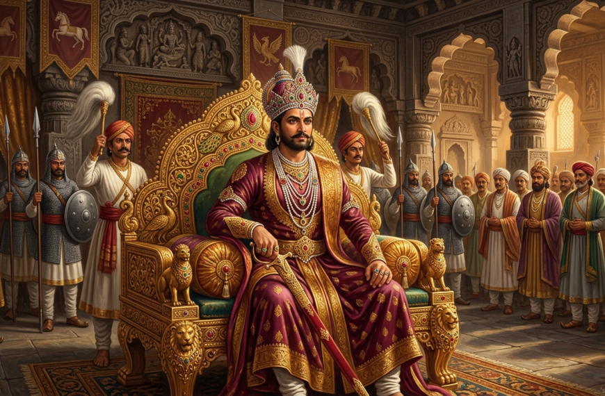 “Ramachandra Yadava seated on a golden throne in Devagiri palace with courtiers and soldiers, watermark sanatanboards.com.”