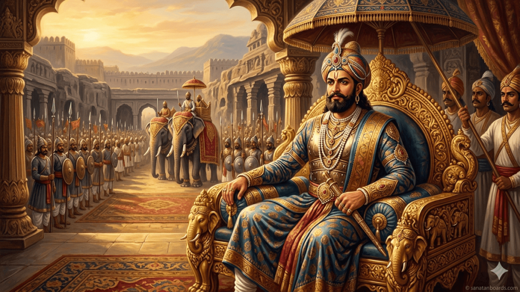 Govinda III seated on a golden throne with royal attendants and soldiers.