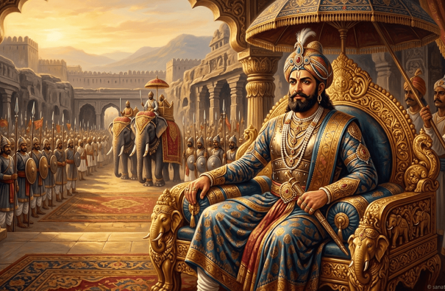 Govinda III seated on a golden throne with royal attendants and soldiers.