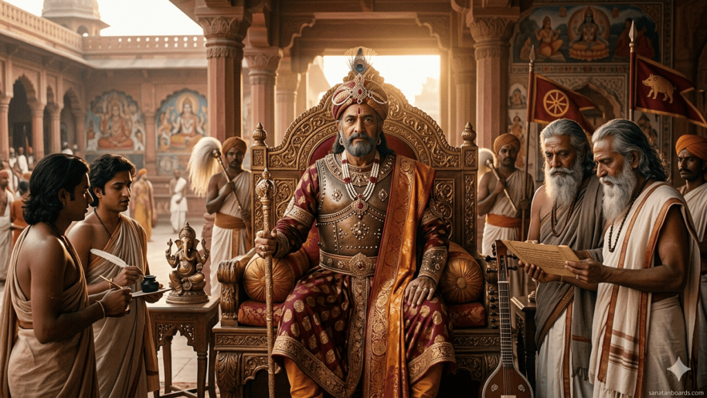 “Illustration of Emperor Harsha Vardhana of the Pushyabhuti dynasty on his throne with ministers and scholars, watermark sanatanboards.com”