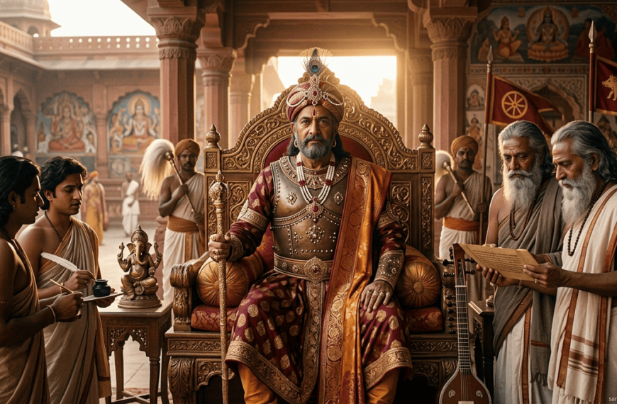 “Illustration of Emperor Harsha Vardhana of the Pushyabhuti dynasty on his throne with ministers and scholars, watermark sanatanboards.com”