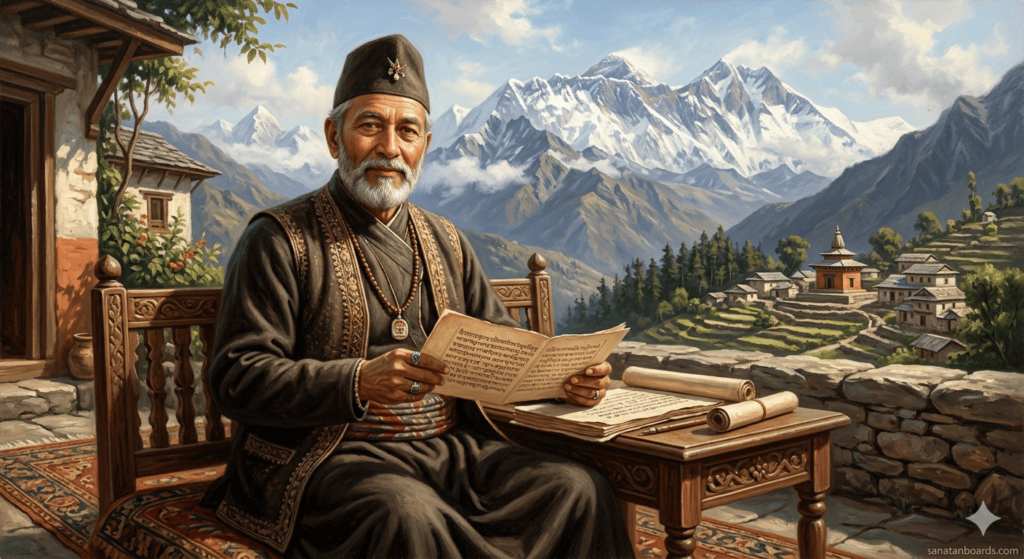 “Raghunath Singh of Nepal in traditional attire holding manuscripts with Himalayan background, soft sunlight, realistic style, watermark ‘sanatanboards.com’.”