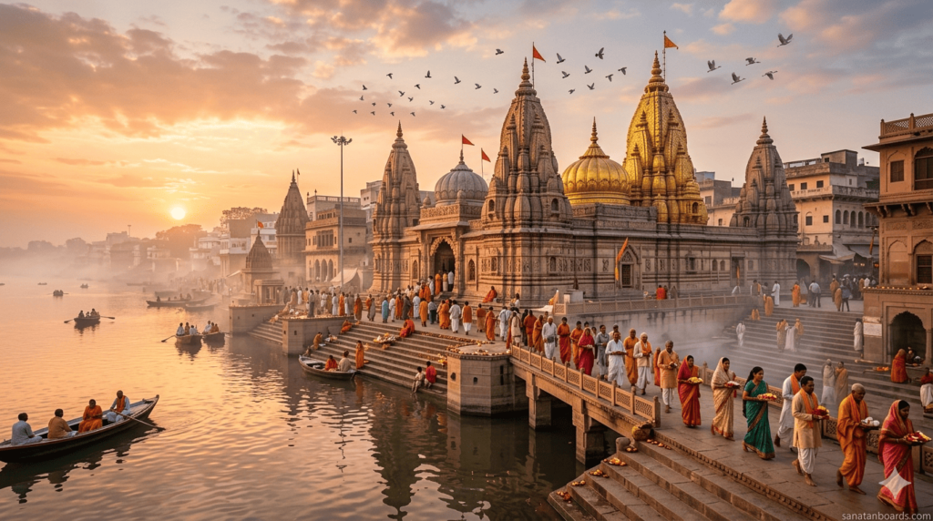 Sunrise view of Kashi Vishwanath Temple with pilgrims, Ganga river, and divine golden light.
