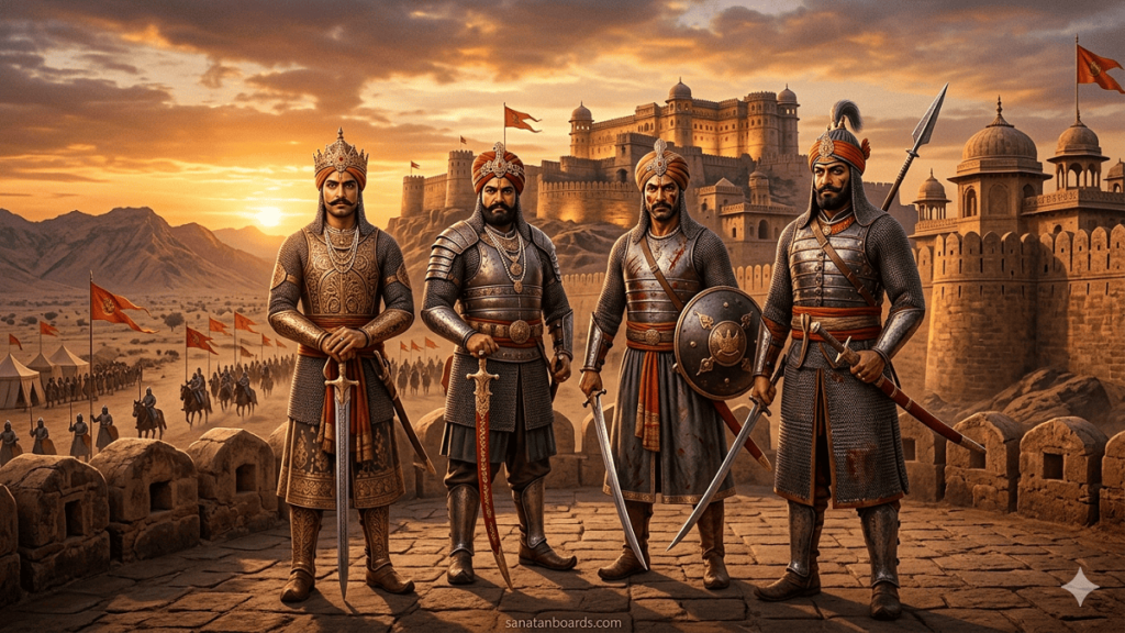 Four Rajput kings in royal attire standing before historic forts with sunset background