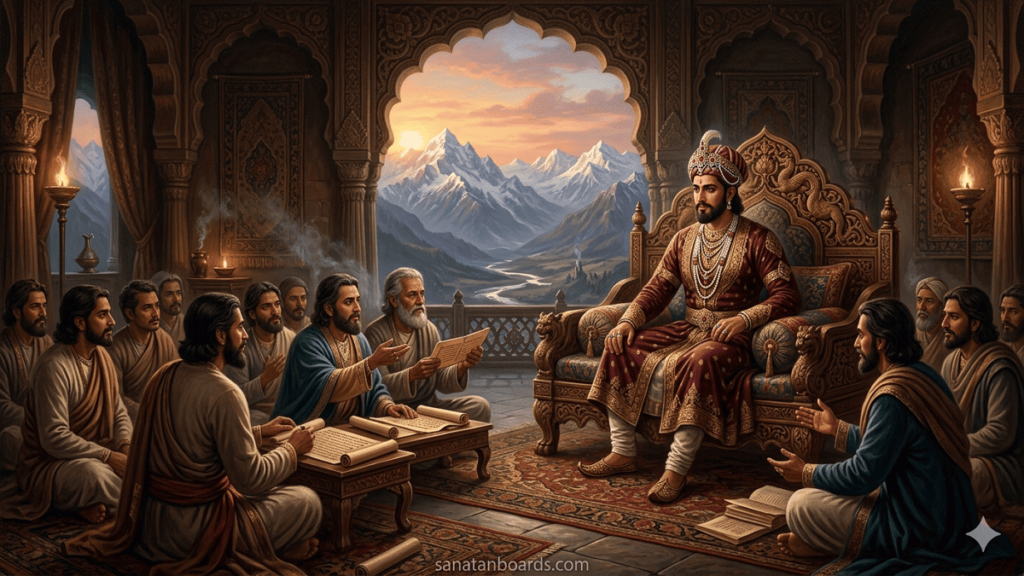 Illustration of King Jayapida of the Karkota dynasty seated on a throne with scholars in a royal Kashmiri court.