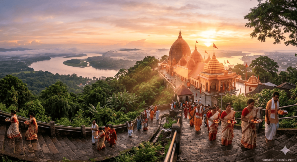 Scenic sunrise view of Kamakhya Temple in Guwahati with devotees and lush green hills.