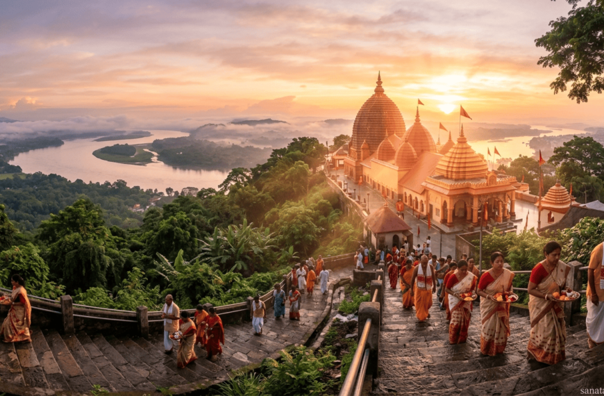 Scenic sunrise view of Kamakhya Temple in Guwahati with devotees and lush green hills.